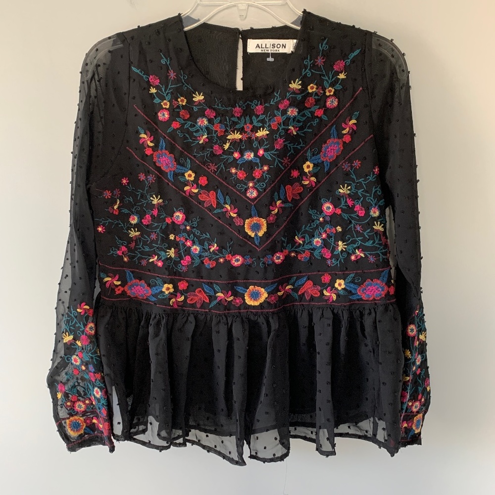 Anthropologie Black Floral Embroidered Top